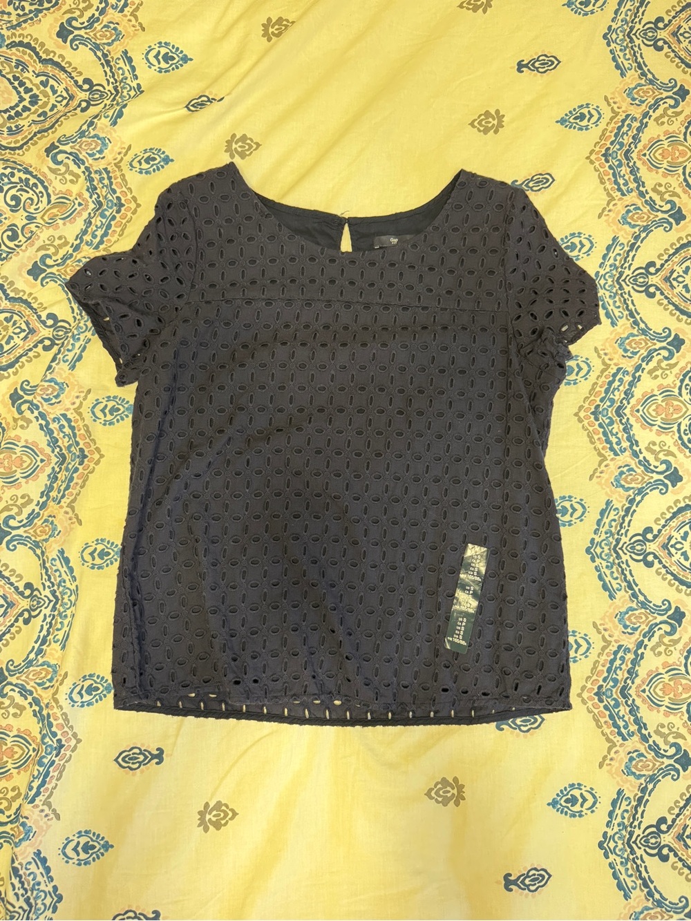 Women's Navy Eyelet Short Sleeve Top